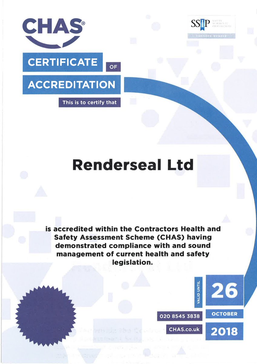 renderseal's tweet image. Certificate of Accreditation within Contractors Health &amp;amp; Safety Assessment Scheme (CHAS) #approved #renderseal #London #waterproofing