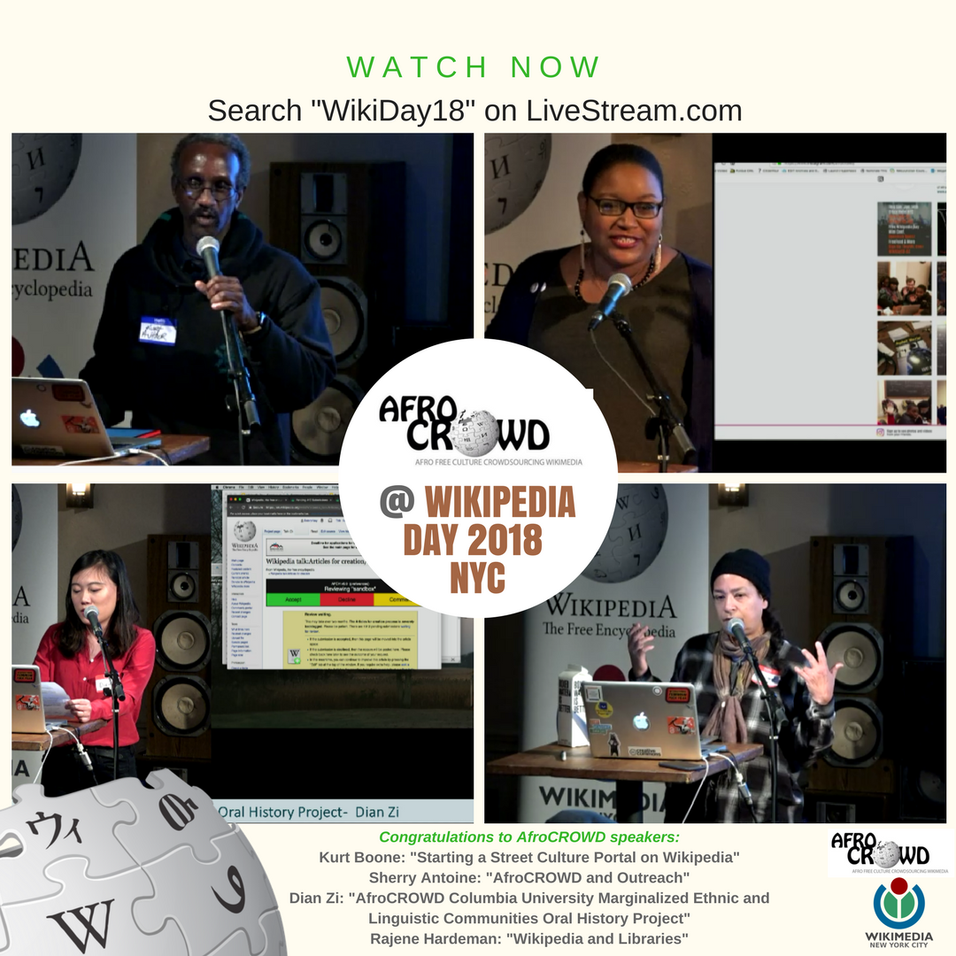 afroCROWDit's tweet photo. Congrats #AfroCROWD @Wikipedia Day NYC 2018 speakers Kurt Boone, Dian Zi, Rajene Hardeman & Sherry Antoine. Check out their talks at https://t.co/lDsecQFIOx @WikimediaNYC @Wikimedia #WikipediaDay #WikiDay @messenger841 @SherryAntoine7 @oclc @columbia @equlitylabs @acehotelnewyork https://t.co/NnADMoYVOw