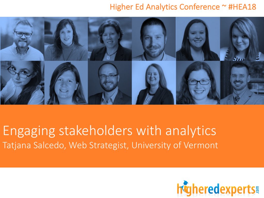 karinejoly's tweet photo. Is it easy to talk “Analytics” at your #highered school? 
I bet it isn’t
In 2 weeks, @uvmwebteam (Tatjana Salcedo) will tell us how to engage everybody with Analytics and bust all the roadblocks! #hea18 Preview Day https://t.co/lxwQL5VTwx