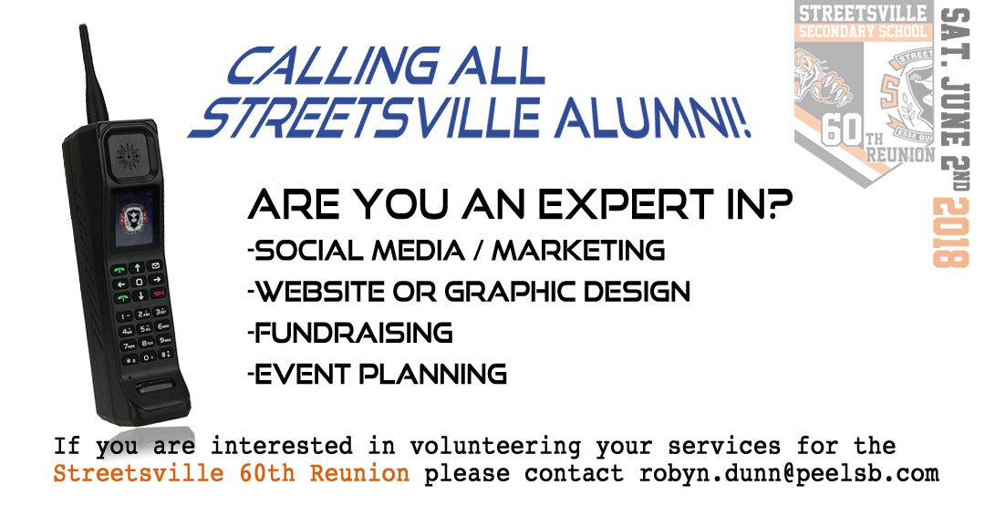 Streetsville Secondary's 60th Reunion will take place Saturday June 2nd, 2018. 🐯📣 If you are interested in assisting with the planning of the event please refer to the ad for details. #SSS60thReunion <a href="/StreetsvilleSS/">Streetsville S.S.</a> <a href="/SSS_Athletics/">SSS Athletics</a> <a href="/PeelSchools/">Peel District School Board</a>