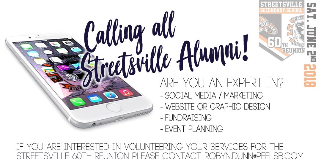 Streetsville Secondary's 60th Reunion will take place Saturday June 2nd, 2018. 🐯📣 If you are interested in assisting with the planning of the event please refer to the ad for details. #SSS60thReunion <a href="/StreetsvilleSS/">Streetsville S.S.</a> <a href="/SSS_Athletics/">SSS Athletics</a> <a href="/PeelSchools/">Peel District School Board</a>