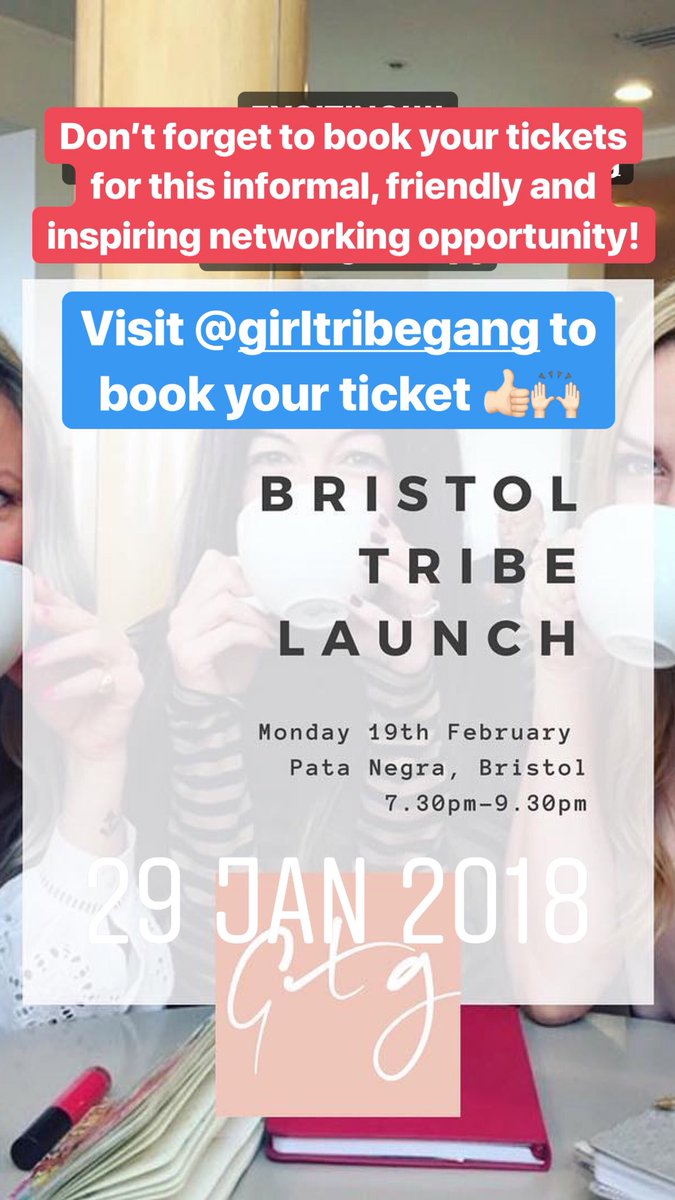 gcreativeuk's tweet photo. Ladies of Bristol! Come join us for a friendly and inspirational female entrepreneur meetup on 19 Feb @PataNegraBris. Visit @girltribegang to book tix #bristol #bristolevent #bristolevents #bristolwomen #femaleentrepreneur #beinspired #bristolinspiration https://t.co/b0bVkfVsTn