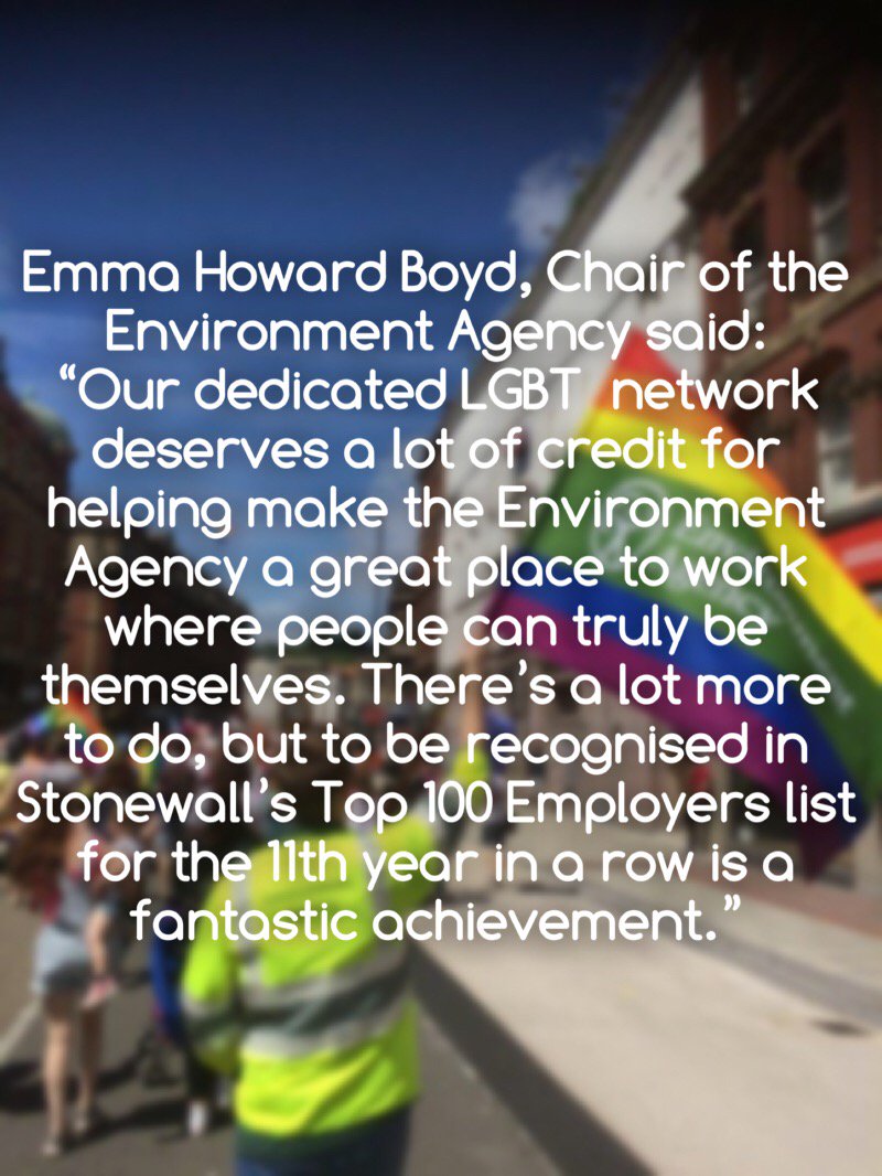 .<a href="/EnvAgency/">Environment Agency</a> is a top 20 <a href="/stonewalluk/">Stonewall</a> employer for the 11th year. Read more on the <a href="/DefraGovUK/">Defra UK</a> blog: bit.ly/2np4P8L #LGBT #StonewallTop100 #TeamEA
