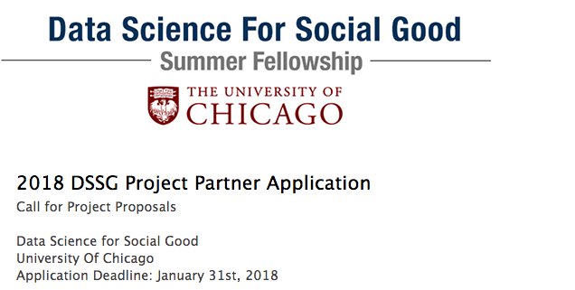 Are you a startup | corporate | government | nonprofit driven by positive impact? Want to work with <a href="/UChicago/">The University of Chicago</a> data scientists on your impact goals? Join <a href="/datascifellows/">Data Science for Social Good</a> as a partner now! datascience.wufoo.com/forms/2018-dss…
