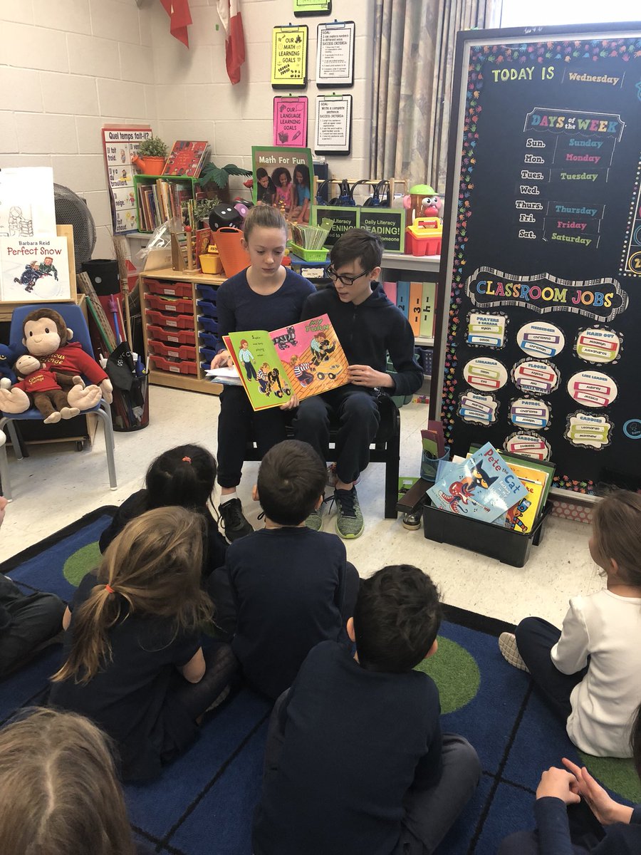 Library_SGS's tweet photo. Bell Let’s Talk Day: A special visit for our Gr1 Class Family. ‘Stop the Stigma’ team members, Michaela &amp; Christopher @StGregoryCS . The Gr.8 students shared a read aloud &amp; talked about emotions and strategies to use in frustrating situations.  Great things happen here @TCDSB https://t.co/Y2D5XWKdJz