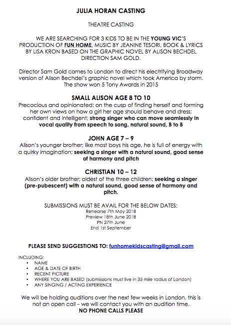 We are looking for some amazing kids who can really sing for Fun Home in London's Young Vic theatre! Please retweet to spread the word!  @horancasting <a href="/youngvictheatre/">Young Vic</a> #casting #childrenintheatre #childrenscasting #funhomekids #kidscasting