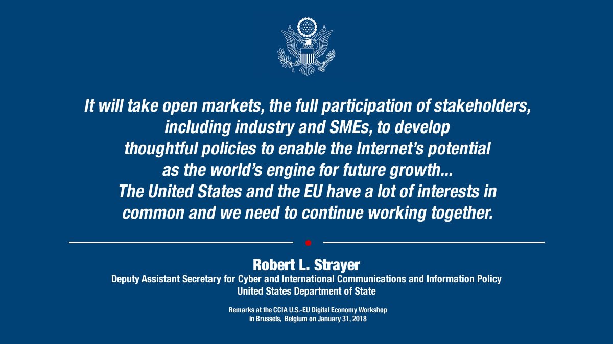 Quote: "It will take open markets, the full participation of stakeholders, including industry and SMEs, to develop thoughtful policies to enable the Internet's potential as the world's engine for future growth... The United States and the EU have a lot of interests in common and we need to continue working together." DAS Robert Strayer