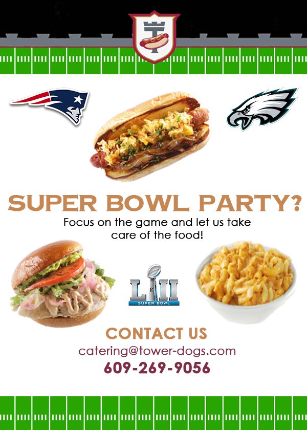 Tower_Dogs's tweet photo. Who's ready for the Super Bowl?! Focus on the game and let us take care of the food! Variety of Trays &amp; Sides, 15% OFF Special, Order by 10PM Feb. 3rd, &amp; FREE Delivery!! CALL 609-269-9056 TODAY!! #TowerDogs https://t.co/l6e2dwWAJ1