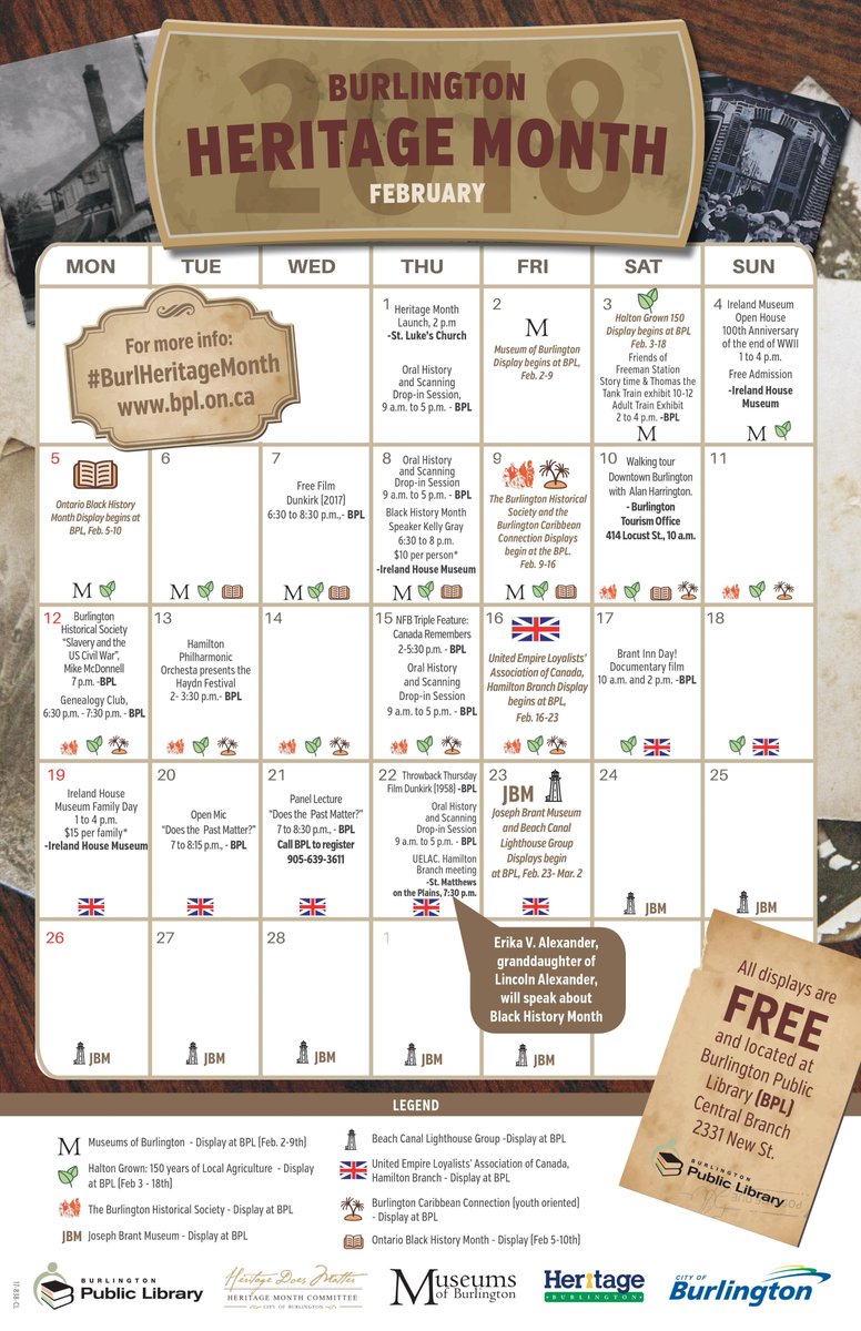 HeritageBurl's tweet photo. Heritage Month in #BurlON starts tomorrow! 
Download your copy of the February 2018 Burlington Heritage Month Events Calendar. You will also join our mailing list and be kept up to date on all Heritage Burlington issues and activities throughout the year.
https://t.co/pfVaeTCyBQ https://t.co/ZCmA4SVV2y