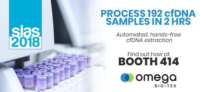 omegabiotek's tweet image. #SLAS2018 is coming up fast! If your research is around circulating, cell-free DNA, come talk with us at booth 414 on our high throughput #cfDNA extraction solutions.  See how we can currently automate 192 samples in 2 hours. Coming soon, 8 mL. #cellfreeDNA #NIPT