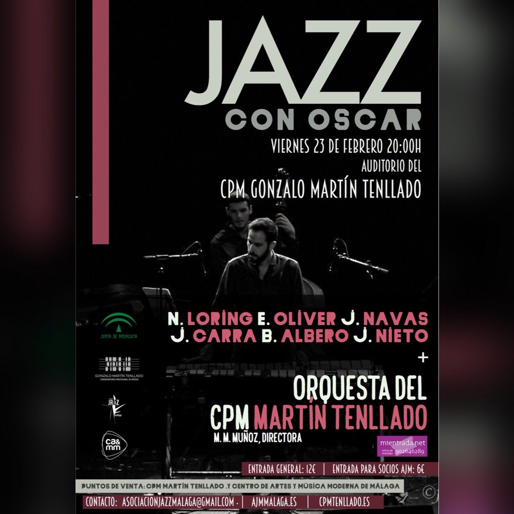 cpmtenllado's tweet photo. No te quedes sin tu entrada del Concierto “Jazz con Oscar” el 23/02!! Entradas a la venta el AMPA Aulós. Horarios: Martes 16:00 a 19:00h Miércoles de 17:30 a 20:30 Jueves de 18:00 a 21:00h Viernes de 18:00 a 19:00h @ajazzmalaga @CAMM_Malaga https://t.co/MT3Zub6zik