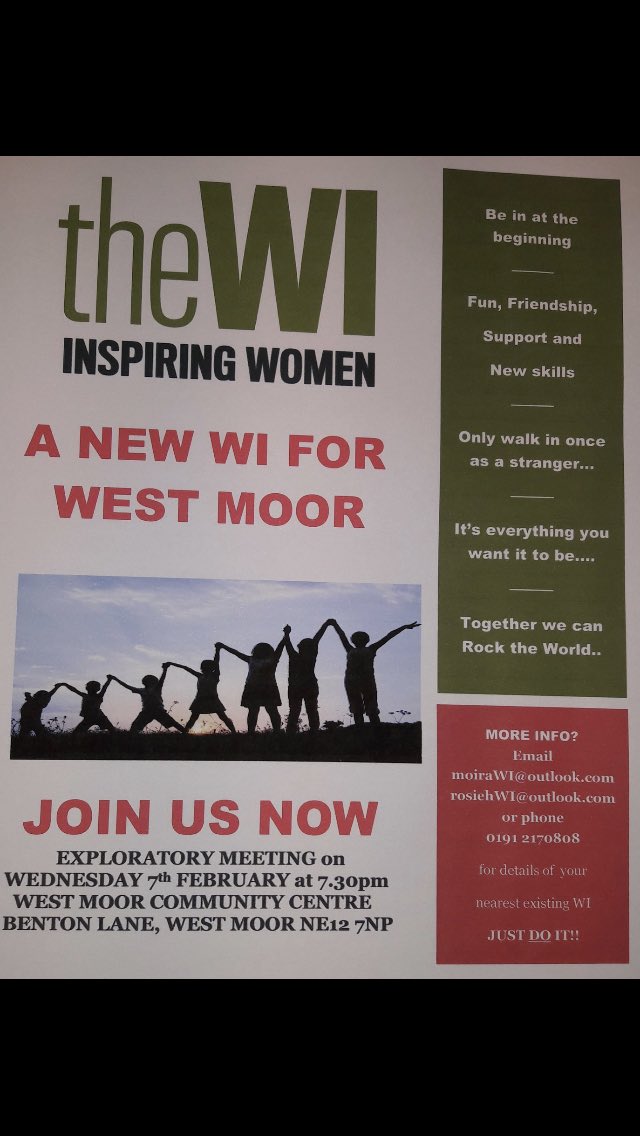 NEW TO THE CENTRE.......the WI is coming to West Moor community centre.......come along on Wednesday 7th Feb @ 7.30 to see what this great new group is all about. #inspiringwoman #WI