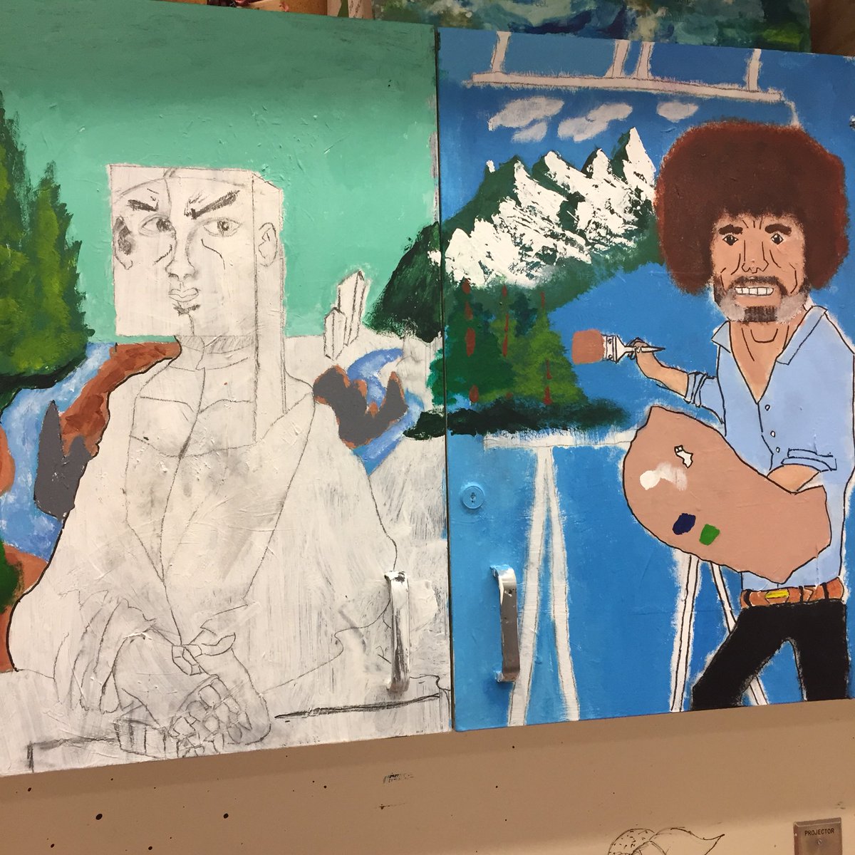arts_jarvis's tweet photo. Cubist Bob Ross is almost finished. #cubism #cubist #BobRoss #landscapeart #fun #arthistory #visualart #visualarted #arted #education @jarvistdsb https://t.co/W3QilHIaxu