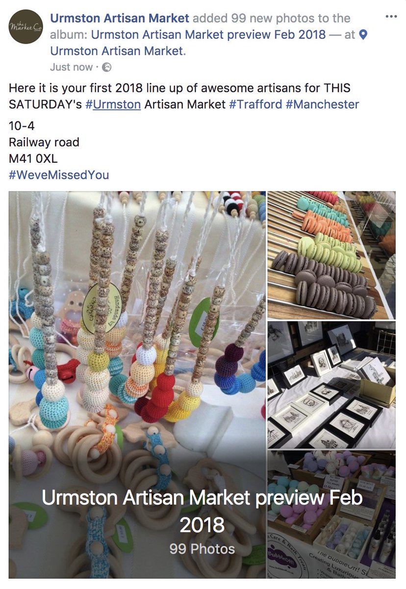 Here it is your first 2018 line up of awesome artisans for THIS SATURDAY's #Urmston Artisan Market #Trafford #Manchester
facebook.com/urmstonartisan…
10-4
Railway road
M41 0XL
#WeveMissedYou