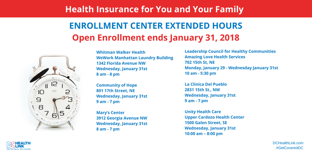 VinceGrayWard7's tweet photo. Time is running out to #GetCoveredDC.  Enrollment ends today, January 31, 2018. Even if you have health insurance, be sure to share this message and tag your friends. Visit https://t.co/RiEpWlGB82 https://t.co/JLKcS5e6ux