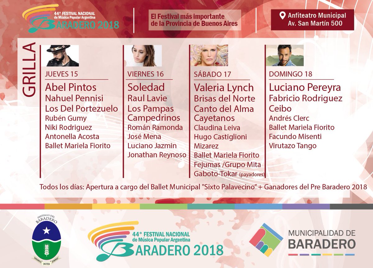 FBaradero's tweet photo. 🎤🥁 GRILLA DE ARTISTAS DEL FESTIVAL BARADERO 2018 💃🎉 https://t.co/jokM7zBMrb