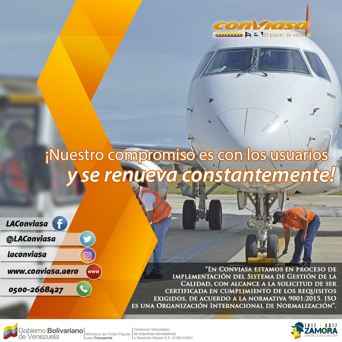 conviasa_ve's tweet photo. #ConviasaEsCalidad #ISO9001-2015 @CruzArteagaV https://t.co/YcLuFEuhP3