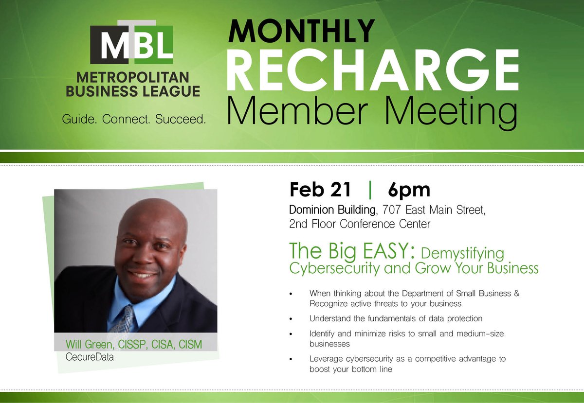 theMBL's tweet photo. Join us on February 21, 2018 for our Monthly Recharge Member Meeting. Mr. Will Green from Cecure Data will explain about cyber security and how to grow your business. The MBL hopes to see you there! #WillGreen #CyberSecurity
#GrowYourBusiness https://t.co/Xh6T0HKi0P