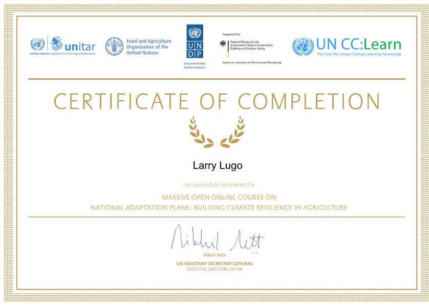 larrylugo's tweet photo. Very pleased to have finished the NAP-MOOC. Grateful to the UN for that wonderful and extremely valuable experience, also for free. Great!  #CCLearnAlumni #ClimateResilience #AdaptationPlans  https://t.co/HleUtSCA15 https://t.co/TcGIcvFX6r