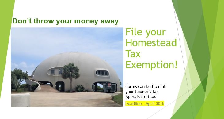 Don't forget to file your Homestead Exemption.  Avoid missing the deadline (4/30)
#Texas #HomesteadExemption 
BEXAR County bcad.org/index.php/Forms
TEXAS Counties window.state.tx.us/propertytax/re…