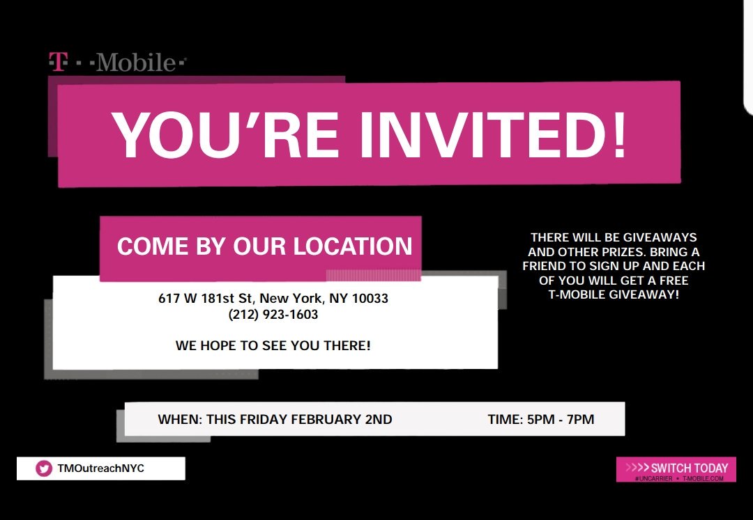 TMoTruckPutnam's tweet photo. The Heights stand up !! 3days away guys!! We're gonna have great event together!! 

" 617 w 181st St , New york , Ny 10033 "

There's gonna great sales prizes and giveaways!! Come all !! #TMOutReachTeam #tmobileEvents! https://t.co/bCZi5f0qmU