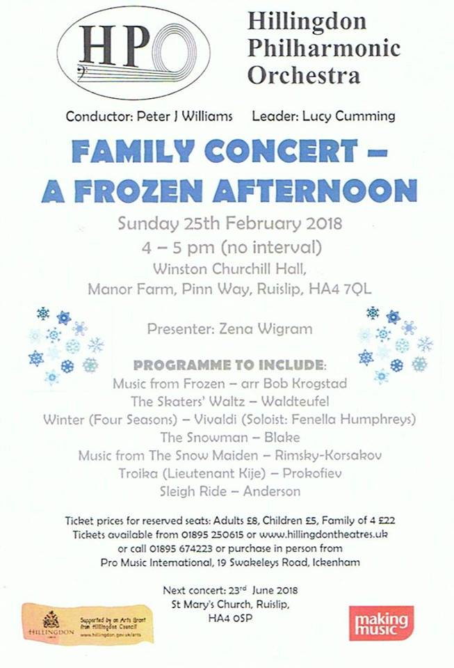 A concert for all the family featuring music from 'Frozen' &amp; other  favourites. Buy your tickets asap as the last family concert was a sell  out! Tickets: Adults £8, Children £5, Family of 4 £22. Call 01895 250615 or  674223 or from Pro Music Swakeleys Road #Ickenham #Hillingdon