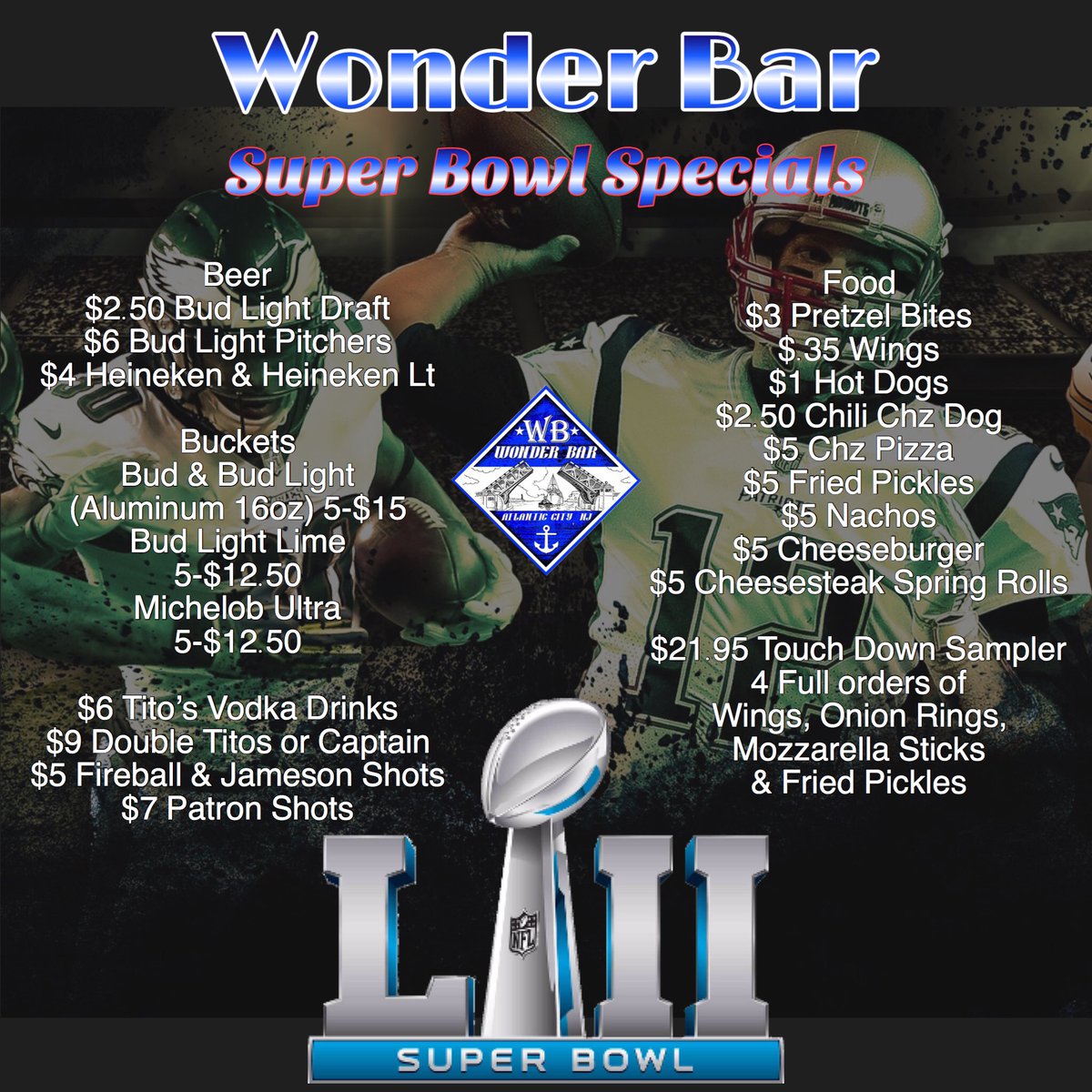 🏈Watch the Super Bowl at Wonder Bar‼️
Incredible Specials! Amazing Giveaways including a Carson Wentz Jersey🙌🏼 plus much, much more!!!
Call to reserve a table for parties of 6 or more. 609-344-8888
#wbac #wonderbarac #wonderbar #wonderbaracnj #areyouready #itsPureAC