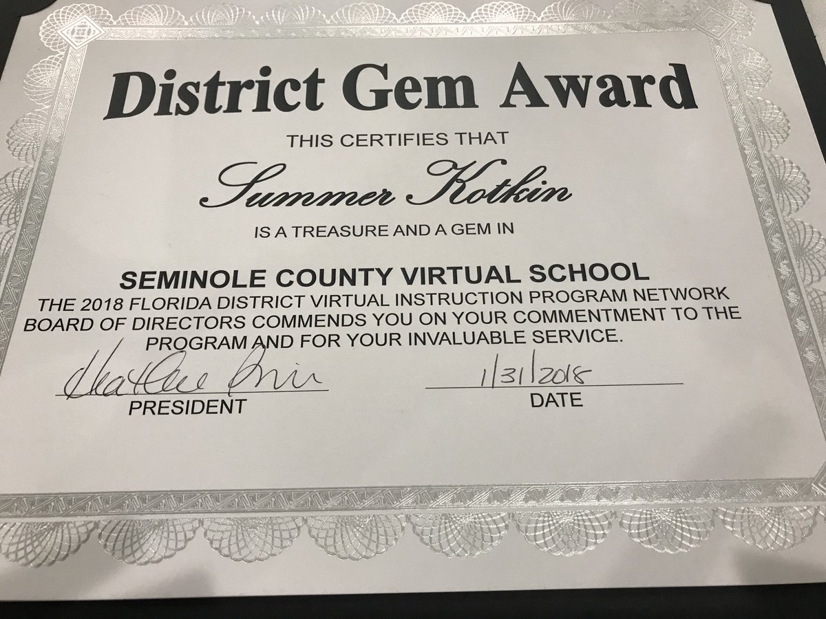 SeminoleVirtual's tweet photo. So excited that Mrs. Kotkin has been named District GEM at the #FLDVIPN18 conference. https://t.co/0XTtY9SvW1