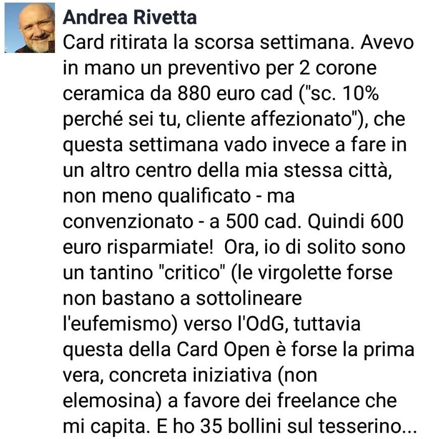 Primi benefici della Card Open (facebook.com/CardOpenGiorna…): il collega Andrea Rivetta ha potuto ottenere una riduzione significativa del preventivo, scegliendo un dentista convenzionato con Casagitservizi (casagitservizi.it). Ritira e registra anche tu la card! <a href="/ProradioTv/">ProRadioTv</a>