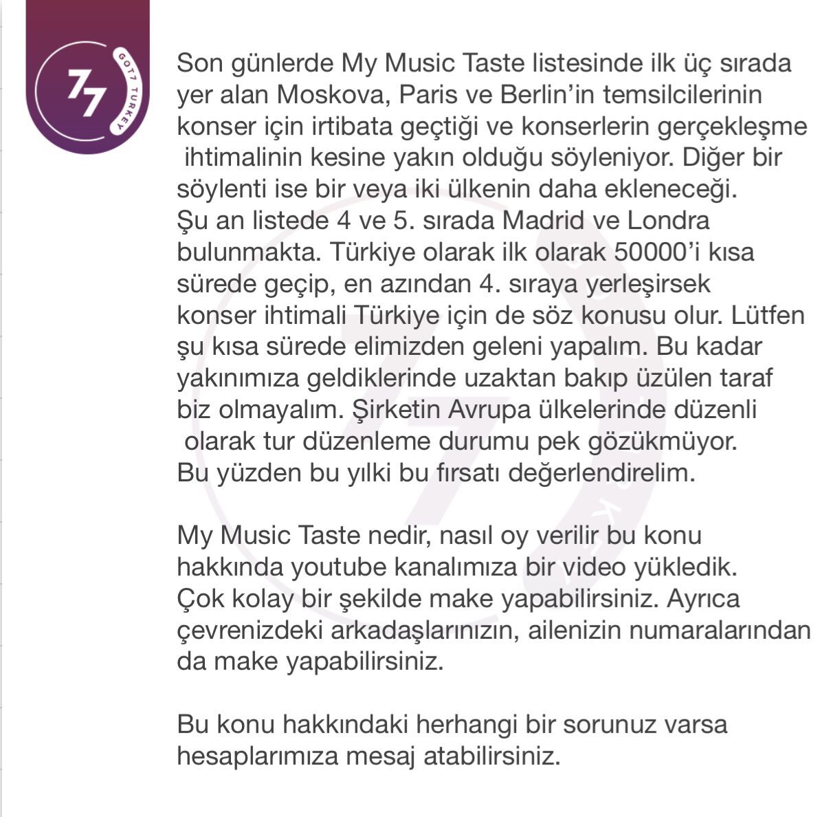 got7turkey's tweet photo. [ My Music Taste - Türkiye Konseri İhtimali ]

Make yapmı ile ilgili videomuz : https://t.co/SjmngOHjig

GOT7 - İstanbul Make Linki : https://t.co/fBemeg5SAz https://t.co/OAKNMOcr4e