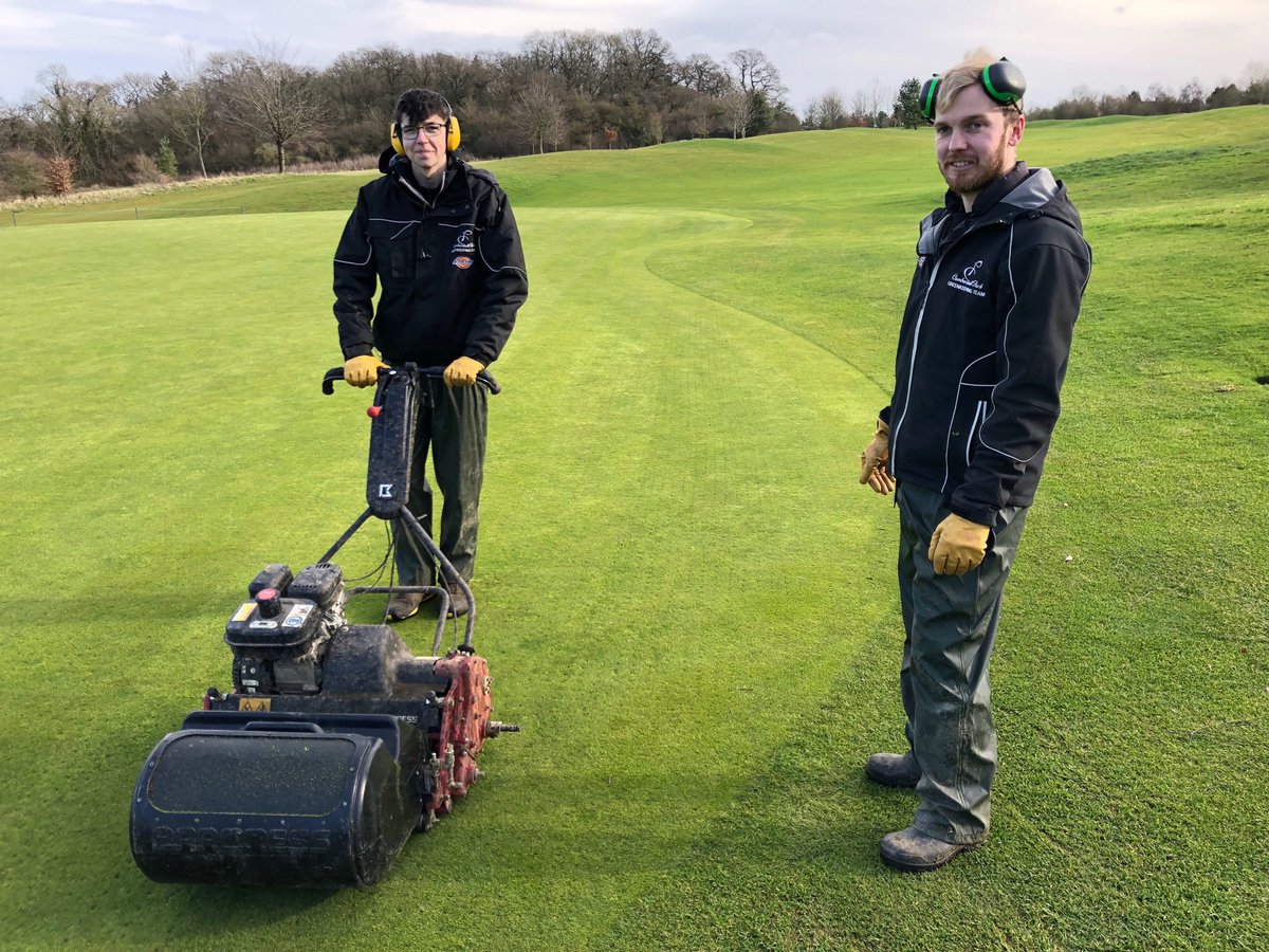 CumberwellPark's tweet photo. Deputy Course Manager @DaveLacey89 providing training today with our newest recruit to the green keeping team. Meet Harry! https://t.co/GBLz6Szcd2