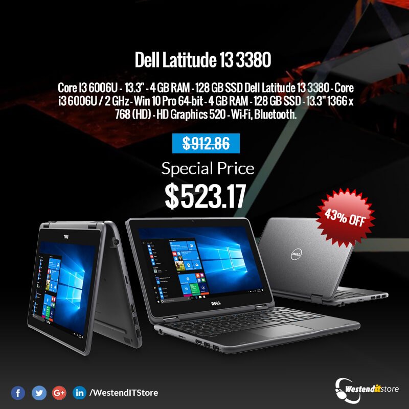 WestendITStore's tweet photo. Dell Latitude 13 3380 - 13.3" - Core I3 6006U is now on sale with a special price of just $523.17 and shipping worldwide.

Shop now at:
https://t.co/GC8DwrXIV2

#Dell #Dell_Latitude #Laptop #Sale #Business #WestendITStore https://t.co/ERQMrJBENu