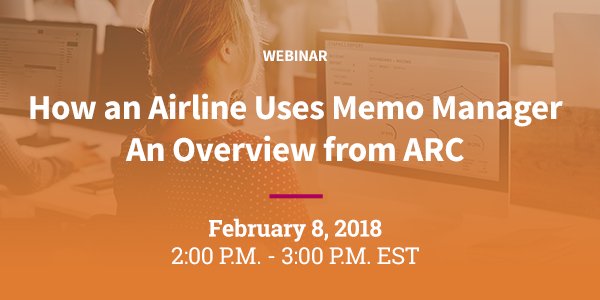 ARCtalk's tweet photo. On February 8th, join @ARCtalk's complimentary webinar, "How an Airline Uses Memo Manager – An Overview from ARC." Learn from ARC experts about how airlines use and work in ARC Memo Manager. https://t.co/rOuyP1nW6j #debitmemos #debitmemo https://t.co/ice83ljIBO