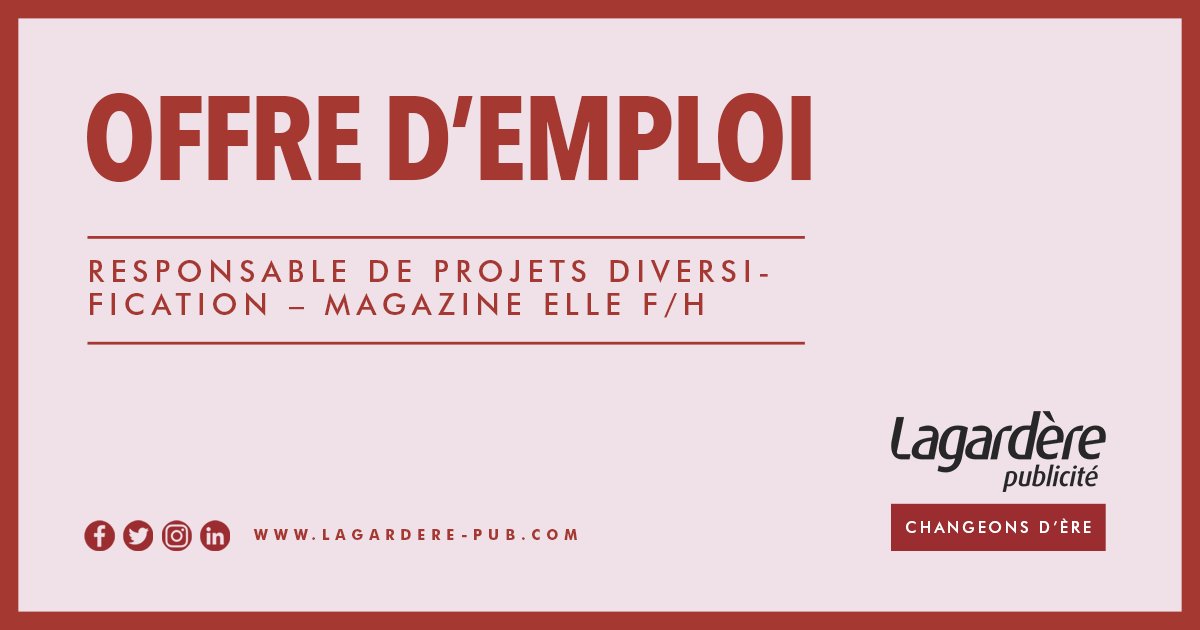Le magazine <a href="/ELLEfrance/">ELLE</a> vous ouvre ses portes avec ce poste de Responsable de Projets Diversification : lagardere.com/ressources-hum…