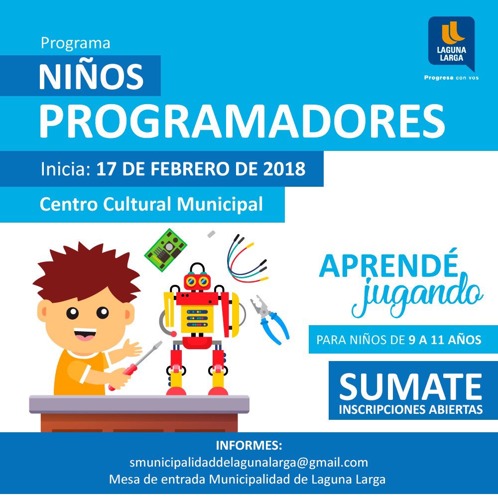fedegarciaok's tweet image. #CursoDeRobótica. Para niños de 9 a 11 años, comienza 17/02 de 10 a 11:30 hrs en #CentroCulturalMunicipal. 
Una #PropuestaÚnica en Córdoba, donde los niños aprenden a #Programar, jugando!!! Te esperamos!!! #HACEMOS.