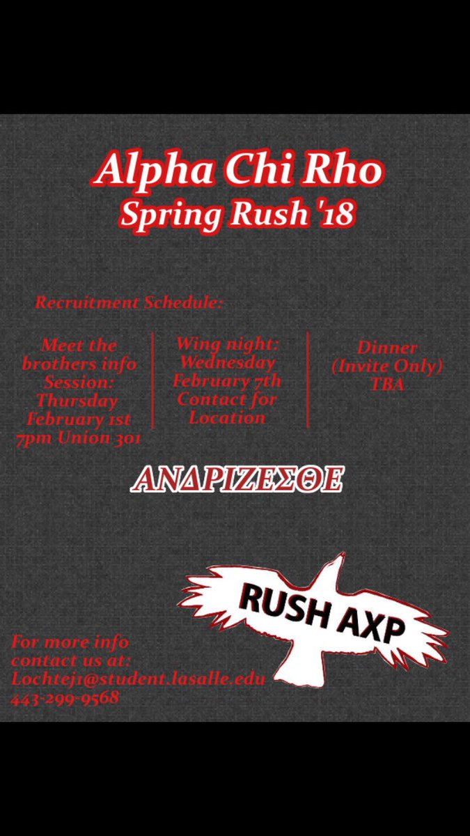 AXP_OmegaPhi's tweet photo. Come meet the brothers of Alpha Chi Rho and learn how you can become a brother of word and deed!
#RUSHCROW🐦 #FlyEaglesFly 🦅 https://t.co/5mLEvA06jm
