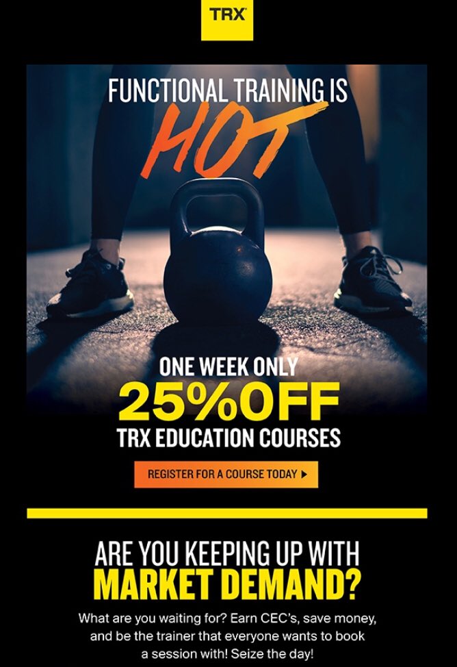 SAVE 25% OFF <a href="/TRXtraining/">TRX®</a> Education Courses this week! 

Registration links for the Edmonton courses are available here: purewellnessstudio.net/trxacademy