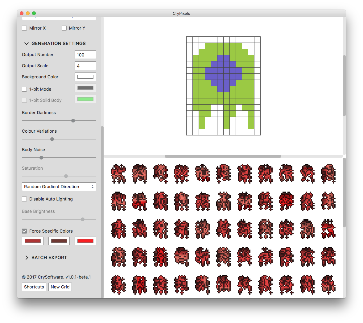 CrySoftware's tweet photo. Testing the new feature to force specific colours in #CryPixels. Procedural blood splats seemed logical, as red generally works best! #pixelart #gamedev https://t.co/oRWdRiEQ7a