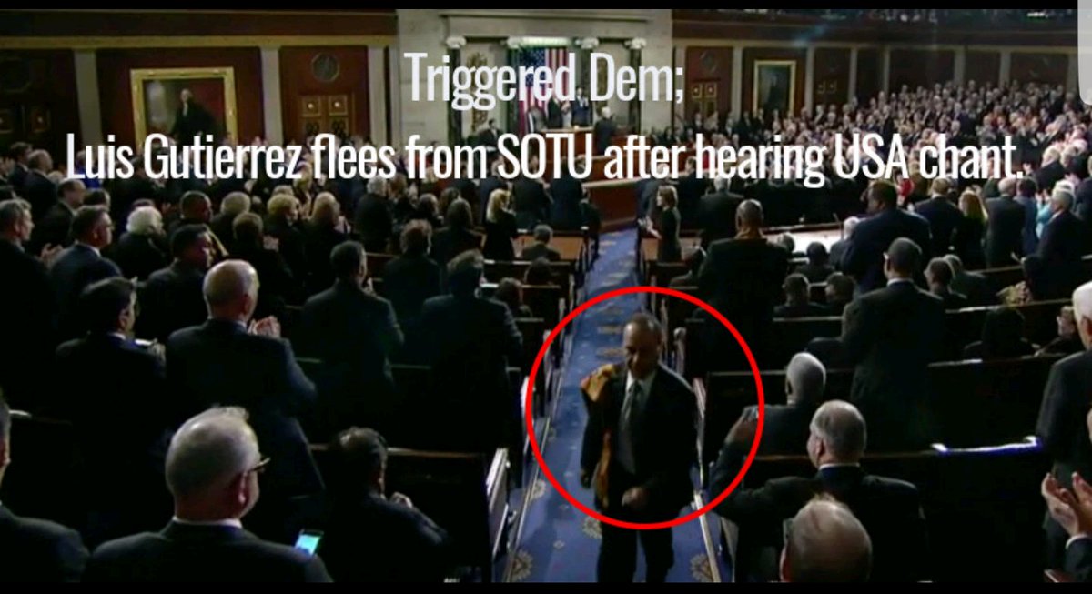 The_Trump_Train's tweet photo. More rumors swirling around D.C. that Luis Gutierrez was visibly shaking in anger after "USA! USA! USA!" chants broke out in the chamber.

Does he not remember what country he was elected in?

#SOTU #MakeAmericaGreatAgain https://t.co/QAdSIe5vV6