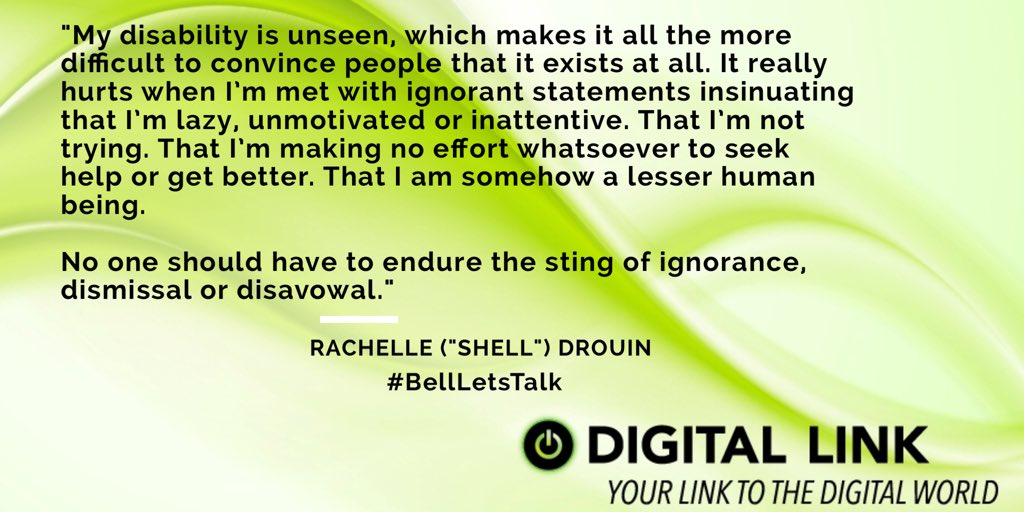 DigitalLink_ca's tweet photo. Today, some of our staff have bravely joined the conversation. Our hope is that by sharing our own stories, we can help #endthestigma attached to #mentalillness. We encourage you to read Rachelle’s story-->https://t.co/vR09MSflHG
#BellLetsTalk https://t.co/UTgHf5XowI