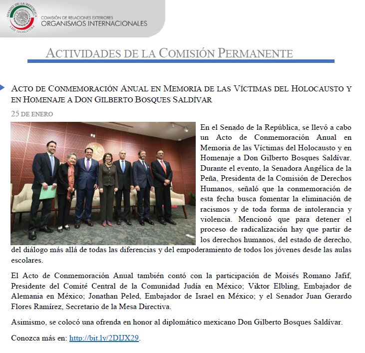 RelexSenadoMx's tweet photo. Homenaje a Don Gilberto Bosques Saldívar en el acto de conmemoración anual en memoria de las víctimas del #Holocausto en el @senadomexicano @CGBSenado #HolocaustRemembrance
– En el #ReporteMultilateral https://t.co/RMGxrnSd4r https://t.co/nD001pvLyE