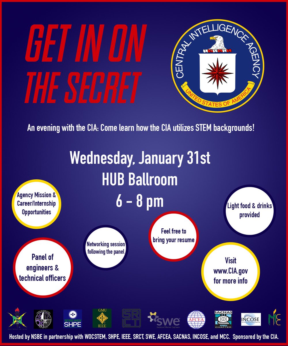 WoCSTEM's tweet image. 🗣Interested in learning about STEM career paths in the CIA? Come out TONIGHT and take advantage of this amazing opportunity hosted by @gmunsbe ‼️ #gmu21 #gmu20 #gmu19 #gmu18