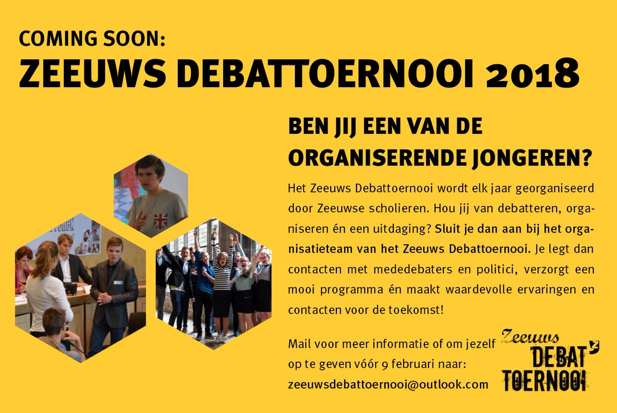 Het Zeeuws Debattoernooi wordt elk jaar voor en door jongeren georganiseerd. Kent u of ben jij een van de organiserende jongeren van de nieuwe editie? Stuur een bericht naar zeeuwsdebattoernooi@outlook.com.