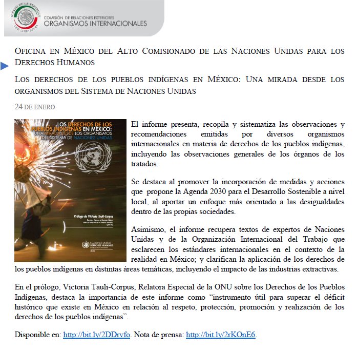 RelexSenadoMx's tweet photo. El #ReporteMultilateral presenta el informe “Los derechos de los #PueblosIndígenas en México: Una Mirada desde los Organismos del Sistema de Naciones Unidas“ publicación de @ONUDHmexico @ONU_es #indígenas https://t.co/RMGxrnSd4r https://t.co/o76YcLaWQv