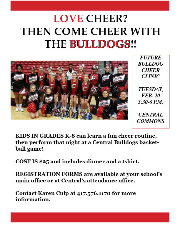 Do you know a future cheerleader? Have them attend the CHS cheer kids clinic! Contact Coach Culp for more information!