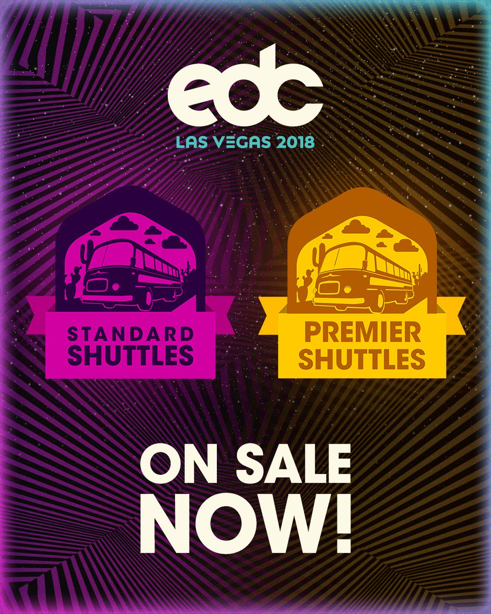 EDC_LasVegas's tweet photo. Traveling to #EDCLV2018? Leave the driving to us & book a seat on an Official #EDCShuttle! ✔️😎 This is the ONLY charter option that drops you off right the gates of EDC. Pick a stop near your hotel & we’ll get you to the party & back!
On sale NOW!🎟 →https://t.co/Klr0dekKqz https://t.co/jLwkSvcP5J