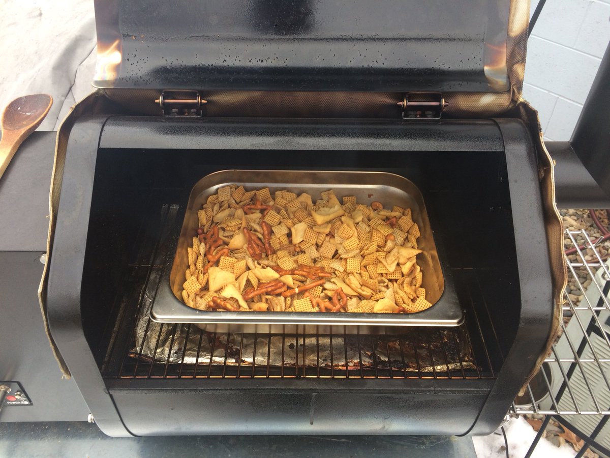Wednesday’s are for smoking! 2 batches of Chex Mix and then pork steaks. #gmgwinter <a href="/GMGrills/">GMG Pellet Grills</a>