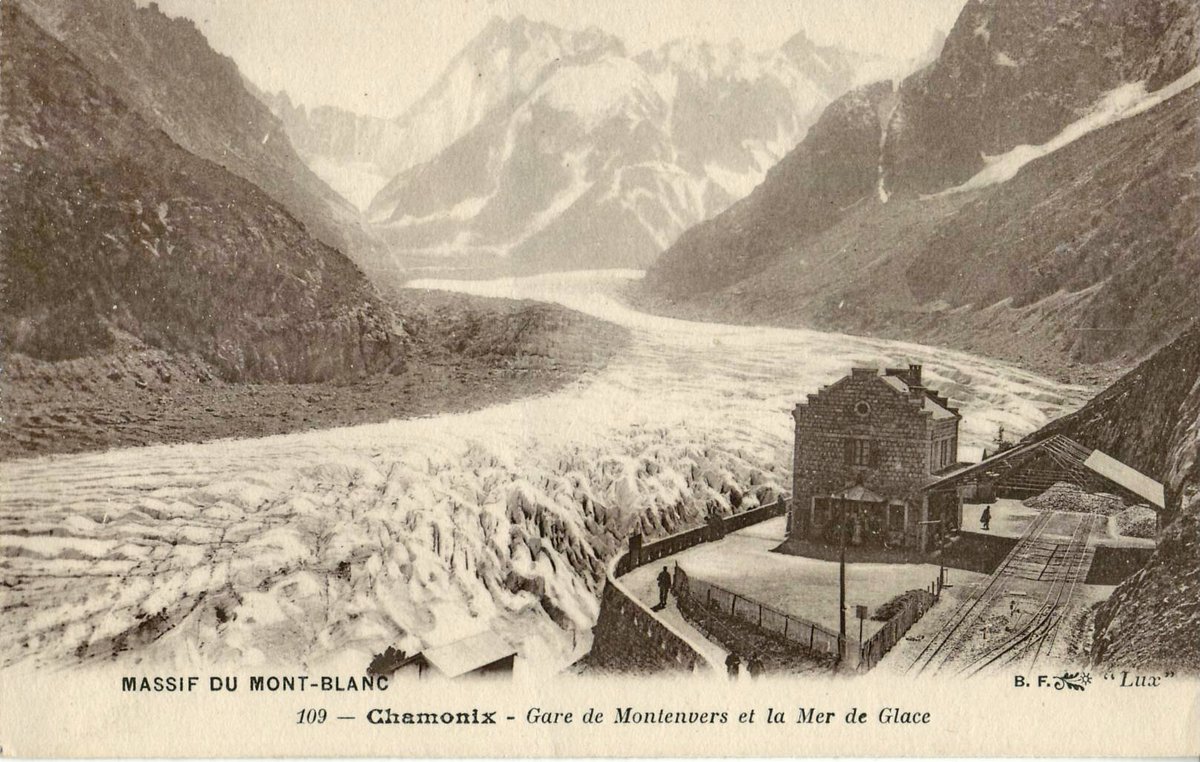 Jamie_Woodward_'s tweet photo. When the Mer de Glace really was a sea of ice...... view of the Montenvers station and the glacier around 1910 #Chamonix #glaciers #Alps https://t.co/7jvOcT4SKw