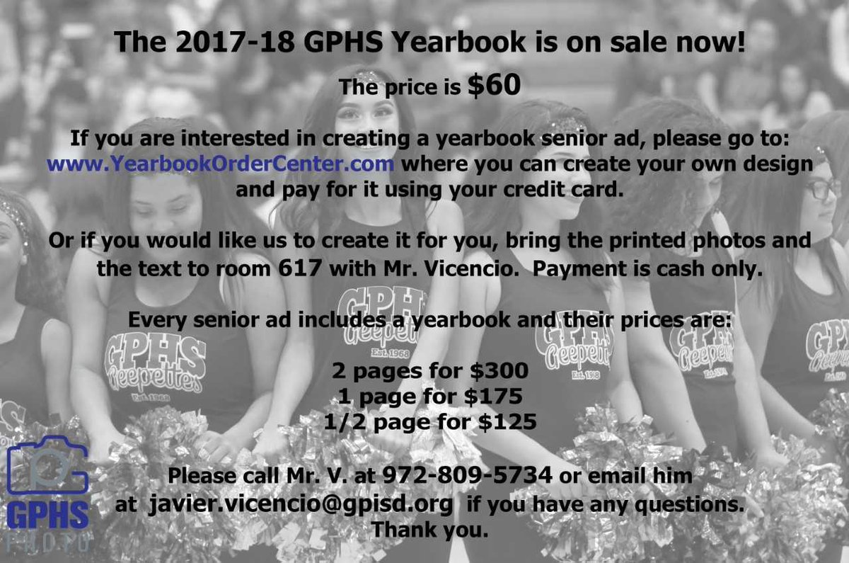 GPHSGophers's tweet photo. Hey Gophers! Yearbooks are on sale. Get one before they're gone! Don't miss out on memories! You can still create an ad too! Check it out. #GopherPrideInside #ahhhhGP @GPHSPhoto @GphSen18rs @gpstuco2018 https://t.co/wgzjyonJpT
