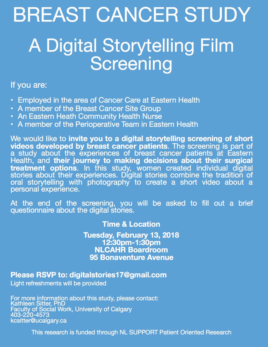 HIPPCollab's tweet photo. Learn from breast cancer survivors at a Digital Story Telling Screening for members of the cancer program/Eastern Health in St. John's. Please RT. @EasternHealthNL @Cancercarefdn https://t.co/WdSUUeZUG0